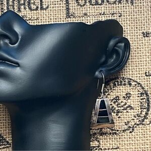 Silver and Black Onyx  Inlay Dangle Hook Earrings 925 1990’s Gift For You